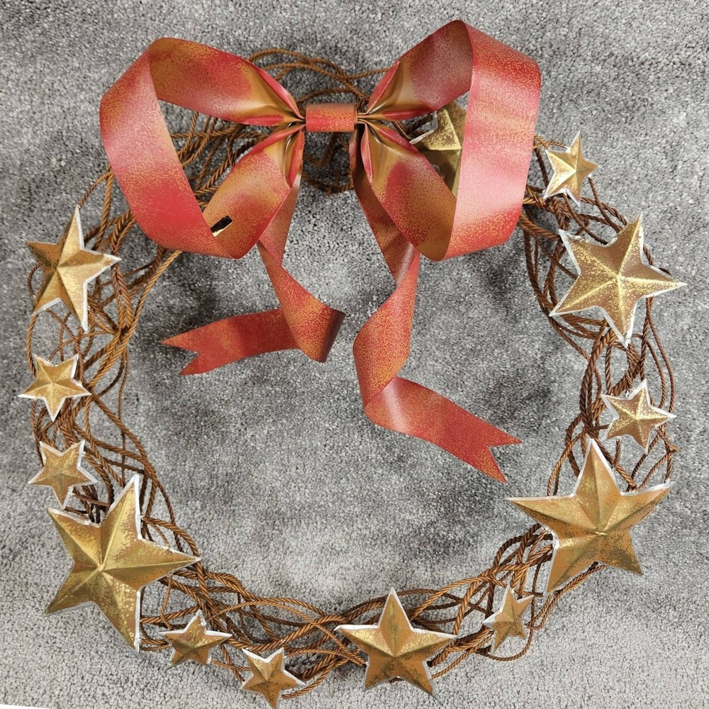 Metal Wreath Gold Red Star Studded Rustic Red Bow Holiday Decor 16in